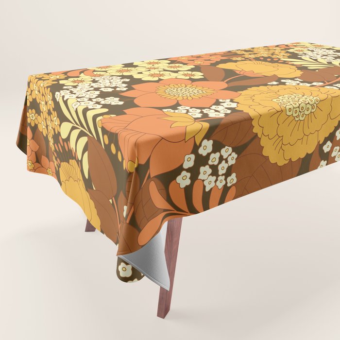 Brown, Yellow, Orange qnd Ivory Retro Flowers Tablecloth Gallery Image 1