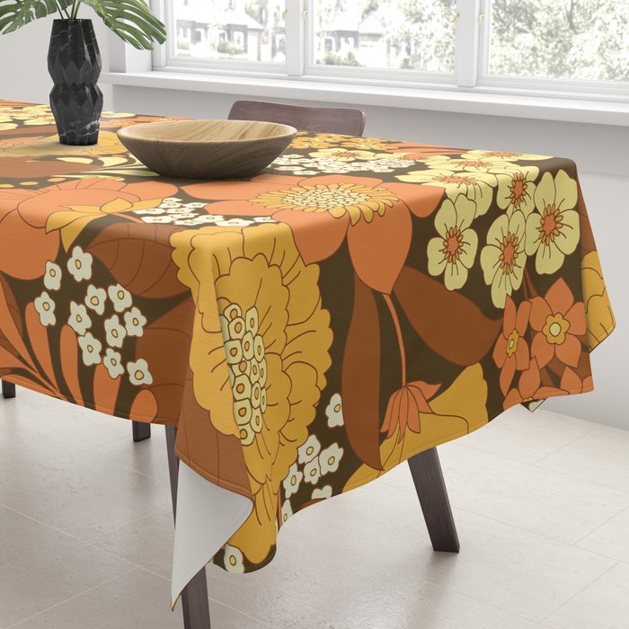 Brown, Yellow, Orange qnd Ivory Retro Flowers Tablecloth Gallery Image 3