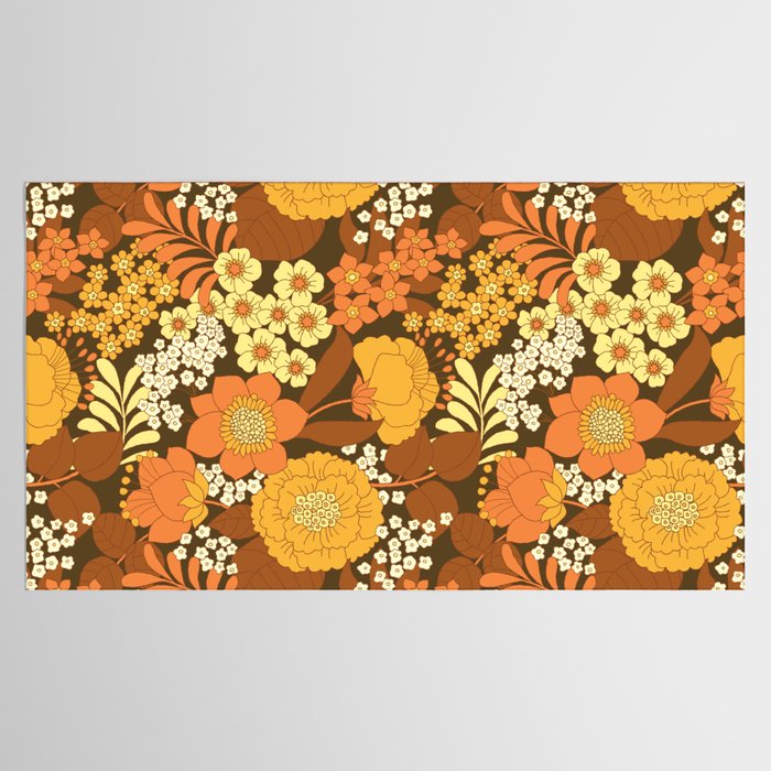 Brown, Yellow, Orange qnd Ivory Retro Flowers Tablecloth Gallery Image 2