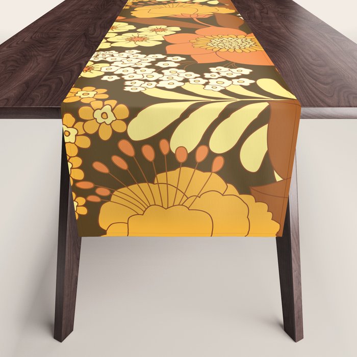 Brown, Yellow, Orange qnd Ivory Retro Flowers Table Runner Gallery Image 1