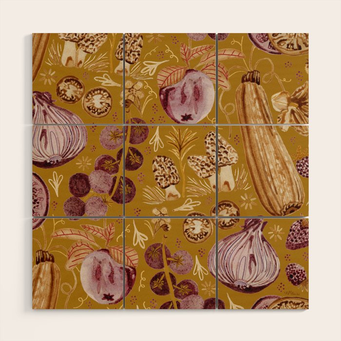 Garden Vegetables & Fresh Fruit in Harvest Yellow Wood Wall Art Gallery Image 1