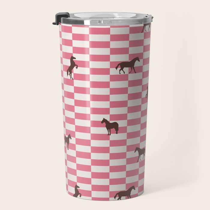 Pink Check Horses  Pattern Travel Mug Gallery Image 3