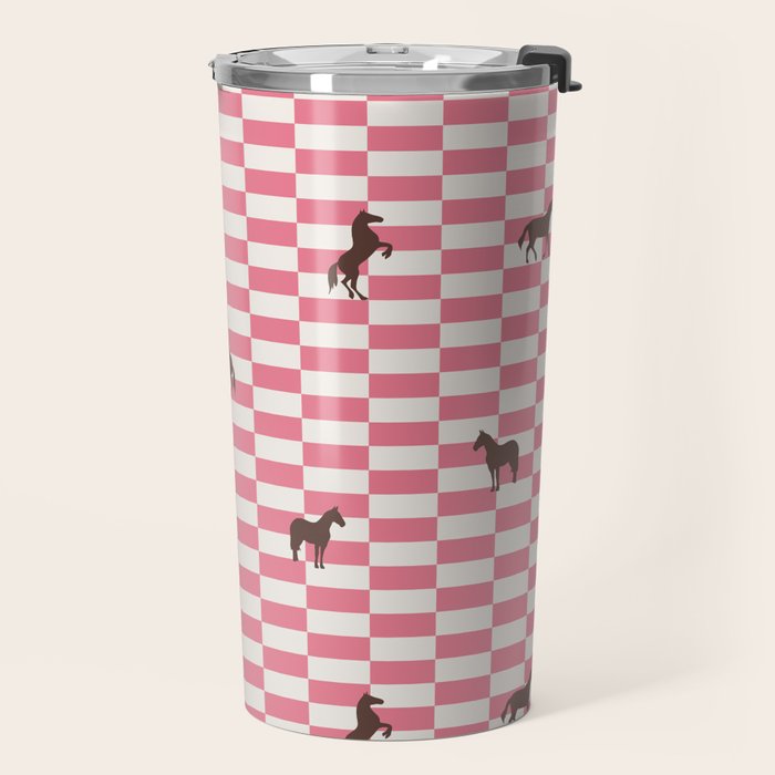 Pink Check Horses  Pattern Travel Mug Gallery Image 2