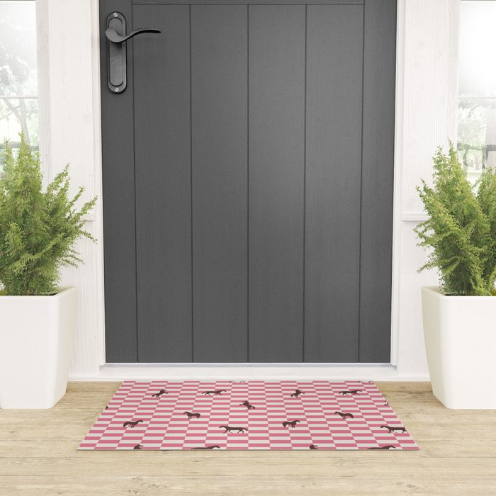 Pink Check Horses  Pattern Welcome Mat Gallery Image 3