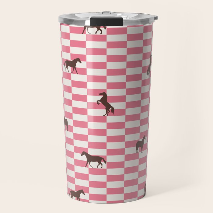 Pink Check Horses  Pattern Travel Mug Gallery Image 1