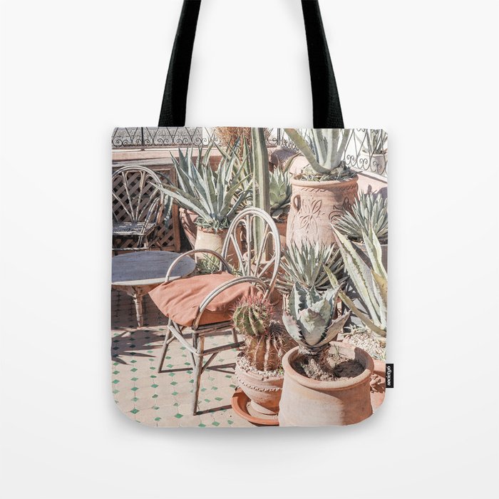 Tropical Rooftop In Marrakech Photo | Cactus Plants Boho Art Print | Morocco Travel Photography Tote Bag Gallery Image 1