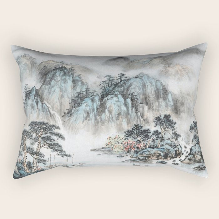 Enchanting Japanese Watercolor Ink Landscape Painting Rectangular Pillow Gallery Image 2