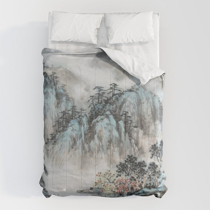 Enchanting Japanese Watercolor Ink Landscape Painting Comforter Gallery Image 6