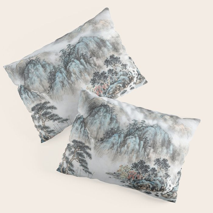 Enchanting Japanese Watercolor Ink Landscape Painting Pillow Sham Gallery Image 3
