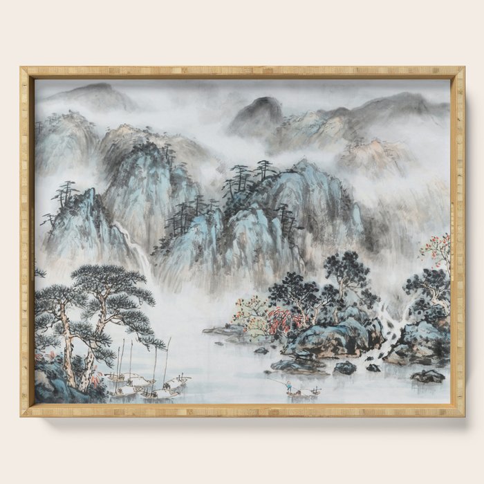 Enchanting Japanese Watercolor Ink Landscape Painting Serving Tray Gallery Image 1