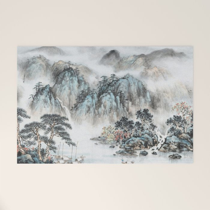 Enchanting Japanese Watercolor Ink Landscape Painting Welcome Mat Gallery Image 1