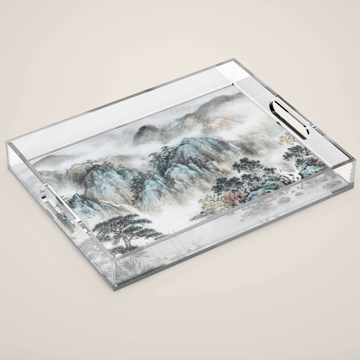 Enchanting Japanese Watercolor Ink Landscape Painting Acrylic Tray Gallery Image 1