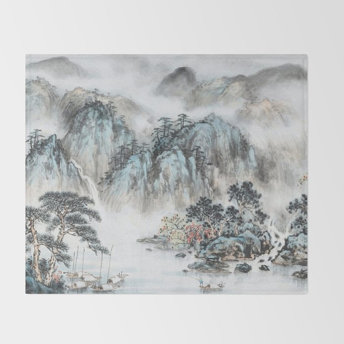 Enchanting Japanese Watercolor Ink Landscape Painting Throw Blanket Gallery Image 2