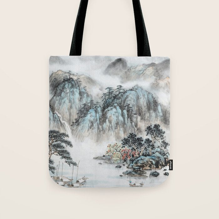 Enchanting Japanese Watercolor Ink Landscape Painting Tote Bag Gallery Image 1