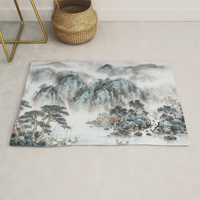 Enchanting Japanese Watercolor Ink Landscape Painting Rug Gallery Image 1