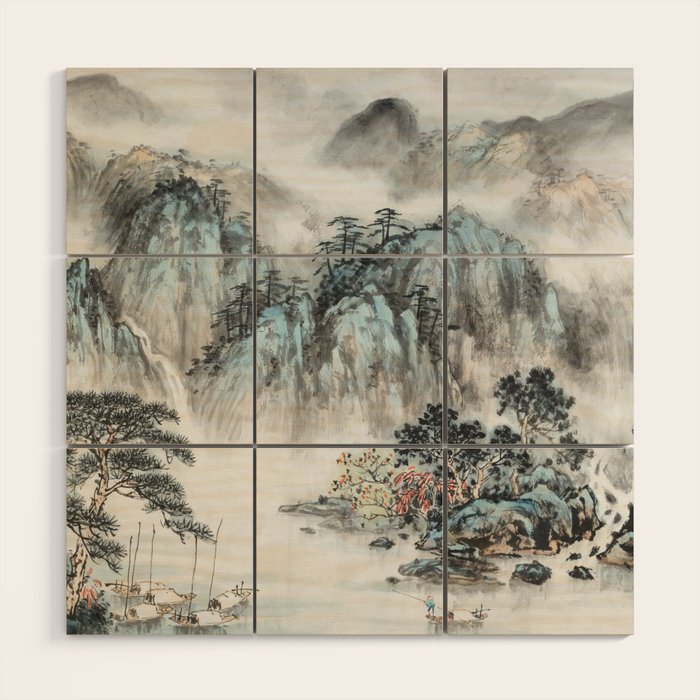 Enchanting Japanese Watercolor Ink Landscape Painting Wood Wall Art Gallery Image 1