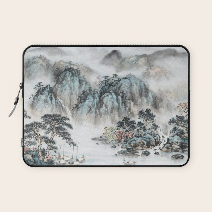 Enchanting Japanese Watercolor Ink Landscape Painting Laptop Sleeve Gallery Image 1