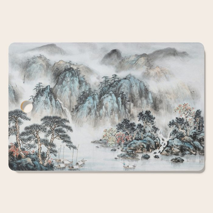 Enchanting Japanese Watercolor Ink Landscape Painting Cutting Board Gallery Image 1