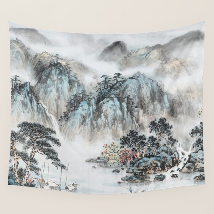 Enchanting Japanese Watercolor Ink Landscape Painting Wall Tapestry Gallery Image 4