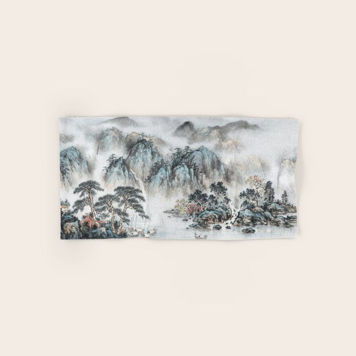 Enchanting Japanese Watercolor Ink Landscape Painting Bath Towel Gallery Image 1
