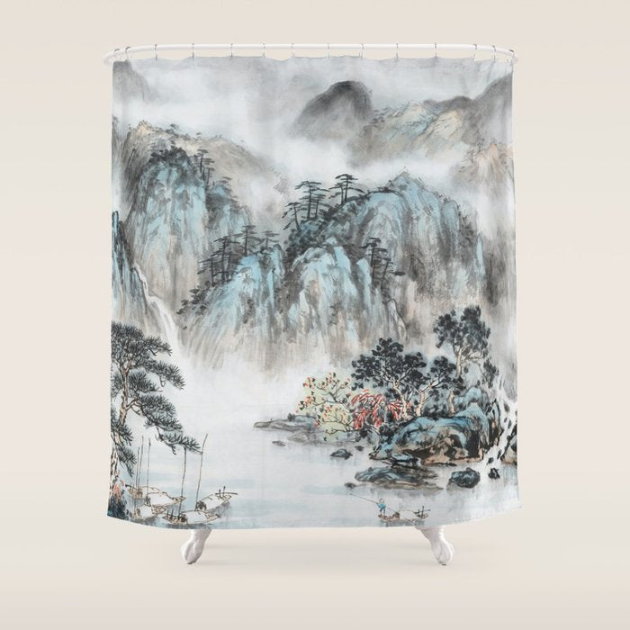 Enchanting Japanese Watercolor Ink Landscape Painting Shower Curtain Gallery Image 1