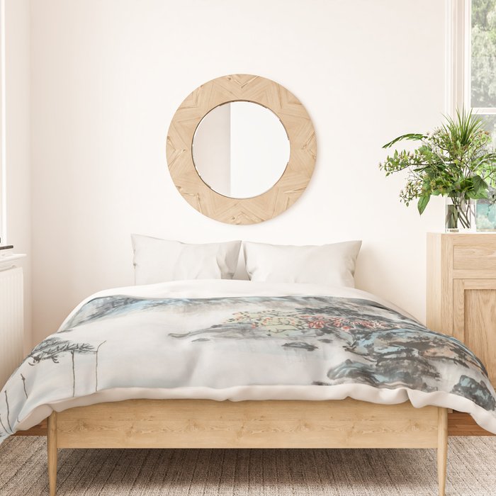 Enchanting Japanese Watercolor Ink Landscape Painting Duvet Cover Gallery Image 3