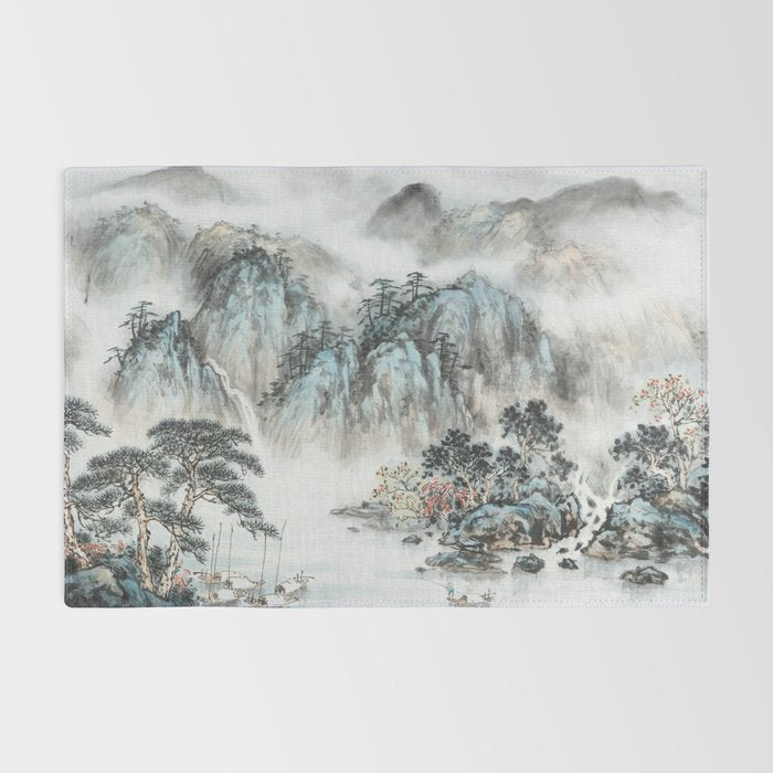 Enchanting Japanese Watercolor Ink Landscape Painting Rug Gallery Image 2
