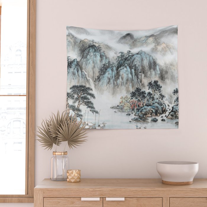 Enchanting Japanese Watercolor Ink Landscape Painting Wall Tapestry Gallery Image 2