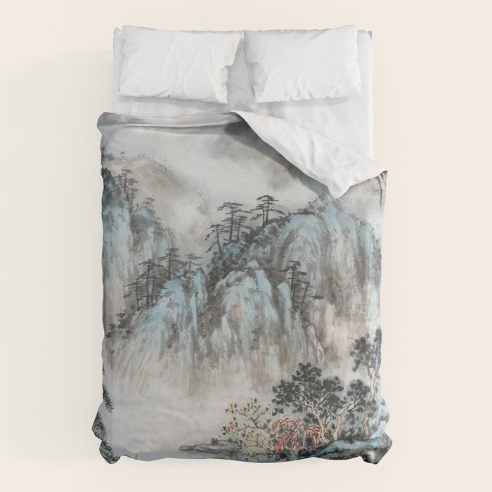 Enchanting Japanese Watercolor Ink Landscape Painting Duvet Cover Gallery Image 1