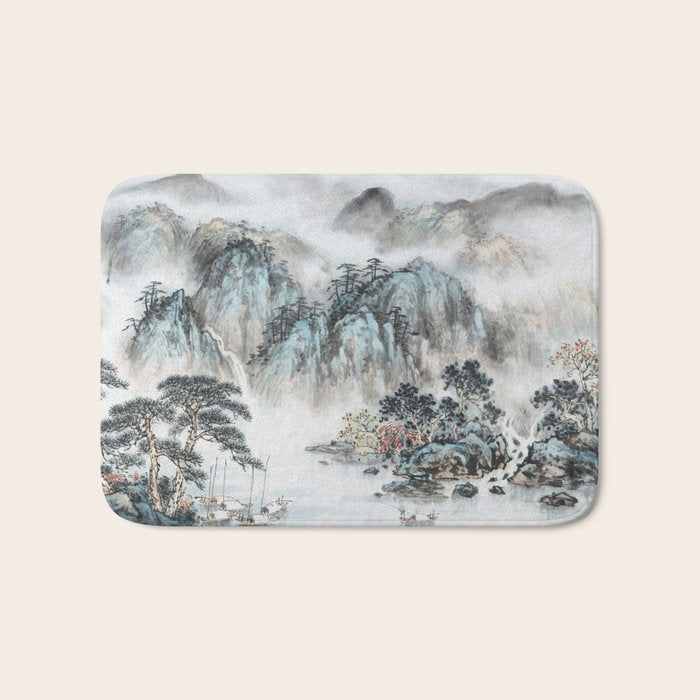 Enchanting Japanese Watercolor Ink Landscape Painting Bath Mat Gallery Image 1