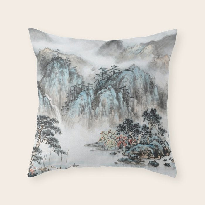 Enchanting Japanese Watercolor Ink Landscape Painting Throw Pillow Gallery Image 6