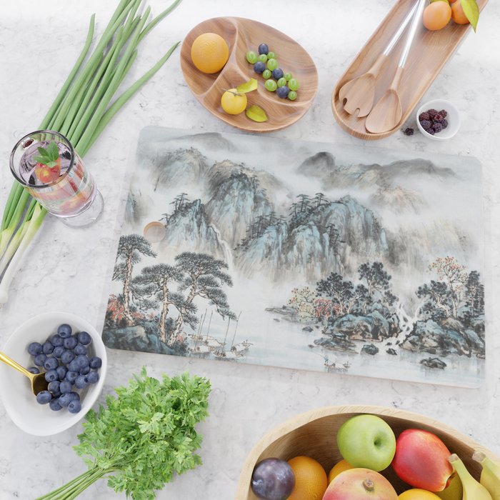 Enchanting Japanese Watercolor Ink Landscape Painting Cutting Board Gallery Image 2