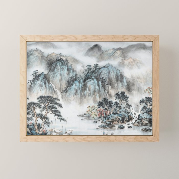 Enchanting Japanese Watercolor Ink Landscape Painting Mini Art Print Gallery Image 1