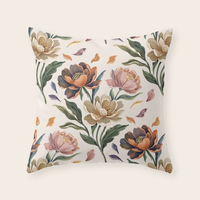 Hand Painted Peony Florals Throw Pillow Gallery Image 1