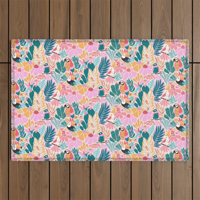 Joyful Jungle Birds In The Happy Pastel Tropics Outdoor Rug Gallery Image 1