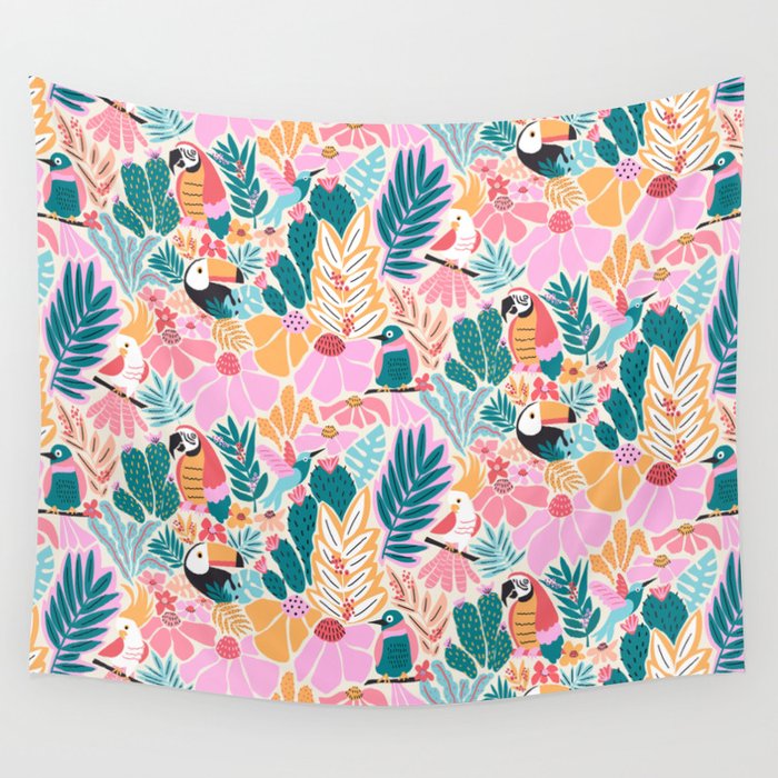 Joyful Jungle Birds In The Happy Pastel Tropics Wall Tapestry Gallery Image 4