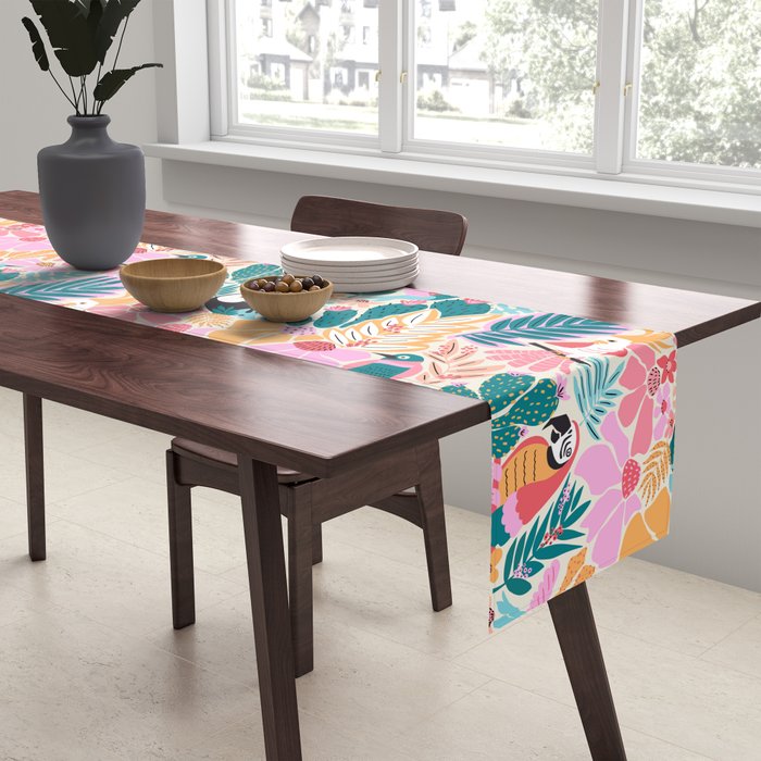 Joyful Jungle Birds In The Happy Pastel Tropics Table Runner Gallery Image 2