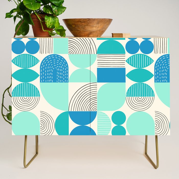 Mid-Century Geometrics Aqua Blue Teal Pattern Credenza Gallery Image 1