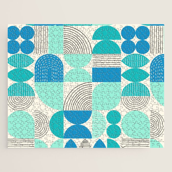 Mid-Century Geometrics Aqua Blue Teal Pattern Jigsaw Puzzle Gallery Image 1