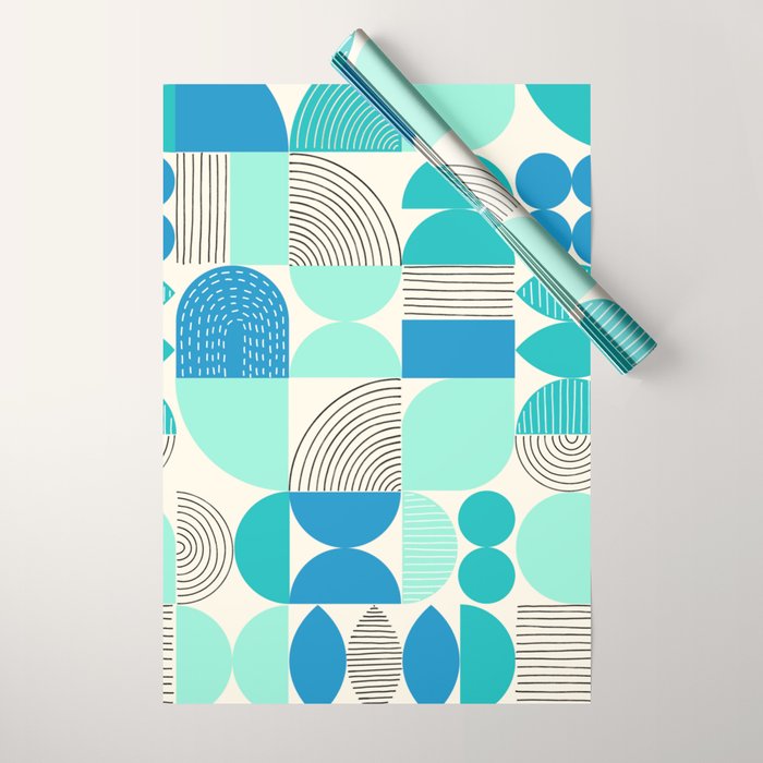 Mid-Century Geometrics Aqua Blue Teal Pattern Wrapping Paper Gallery Image 1