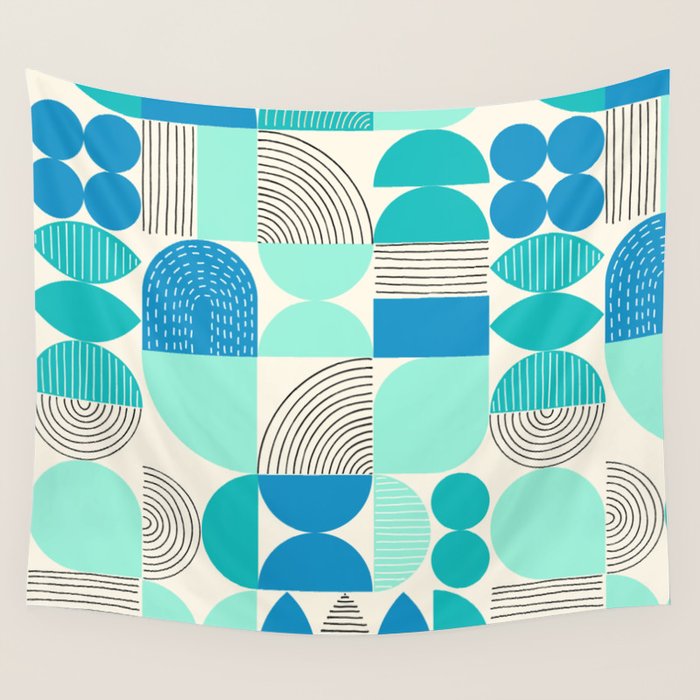 Mid-Century Geometrics Aqua Blue Teal Pattern Wall Tapestry Gallery Image 4