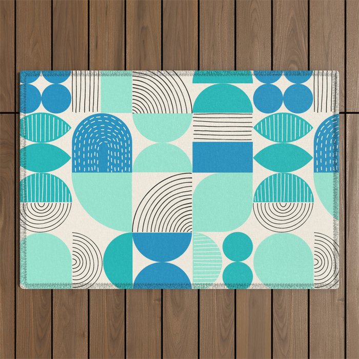 Mid-Century Geometrics Aqua Blue Teal Pattern Outdoor Rug Gallery Image 1