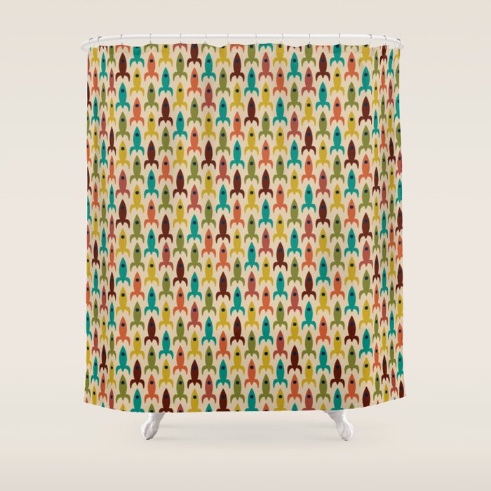 Little Rockets - Atomic Age Mid-Century Modern Pattern in Mid Mod Multicolour  Shower Curtain Gallery Image 1