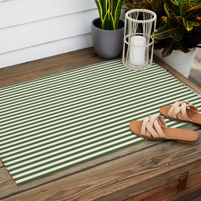 Dark Olive Green and White Horizontal Stripe Pattern for Elegant Interior Accents Outdoor Rug Gallery Image 2