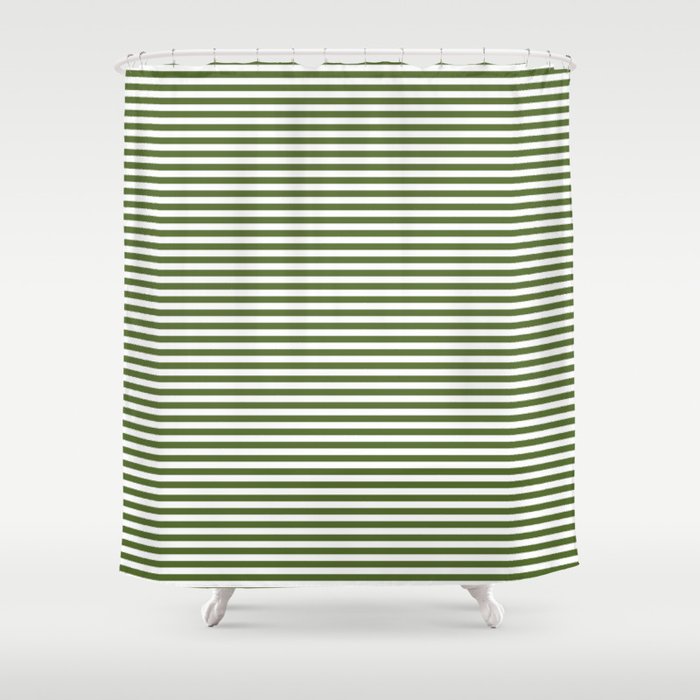 Dark Olive Green and White Horizontal Stripe Pattern for Elegant Interior Accents Shower Curtain Gallery Image 1