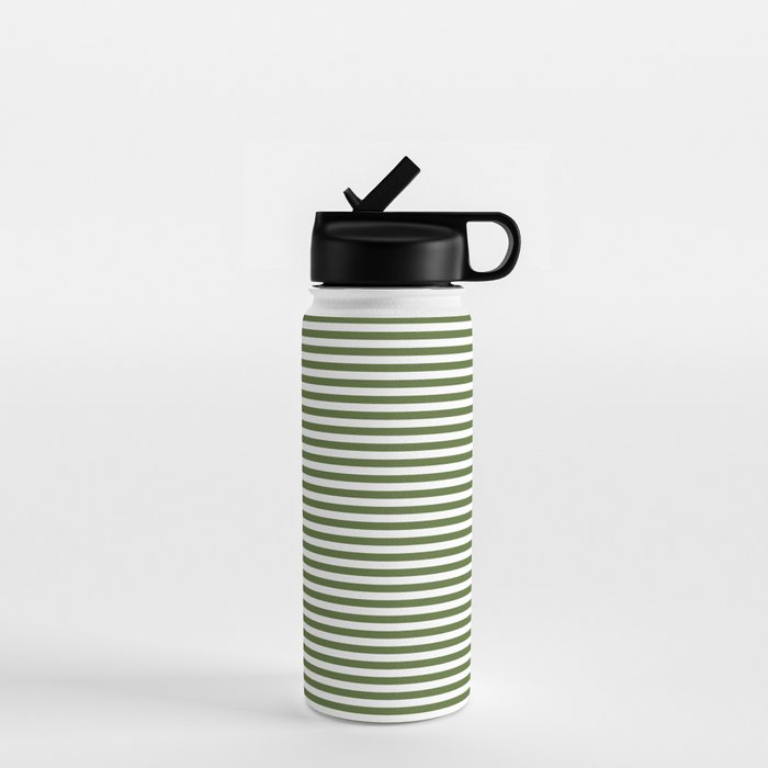 Dark Olive Green and White Horizontal Stripe Pattern for Elegant Interior Accents Water Bottle Gallery Image 1