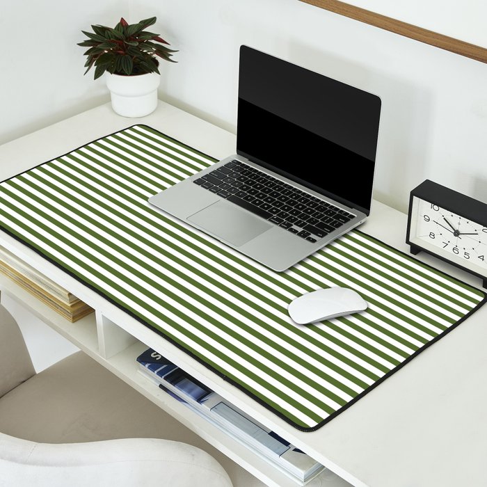 Dark Olive Green and White Horizontal Stripe Pattern for Elegant Interior Accents Desk Mat Gallery Image 2