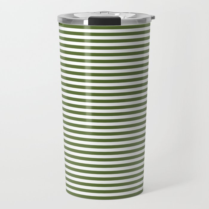 Dark Olive Green and White Horizontal Stripe Pattern for Elegant Interior Accents Travel Mug Gallery Image 1