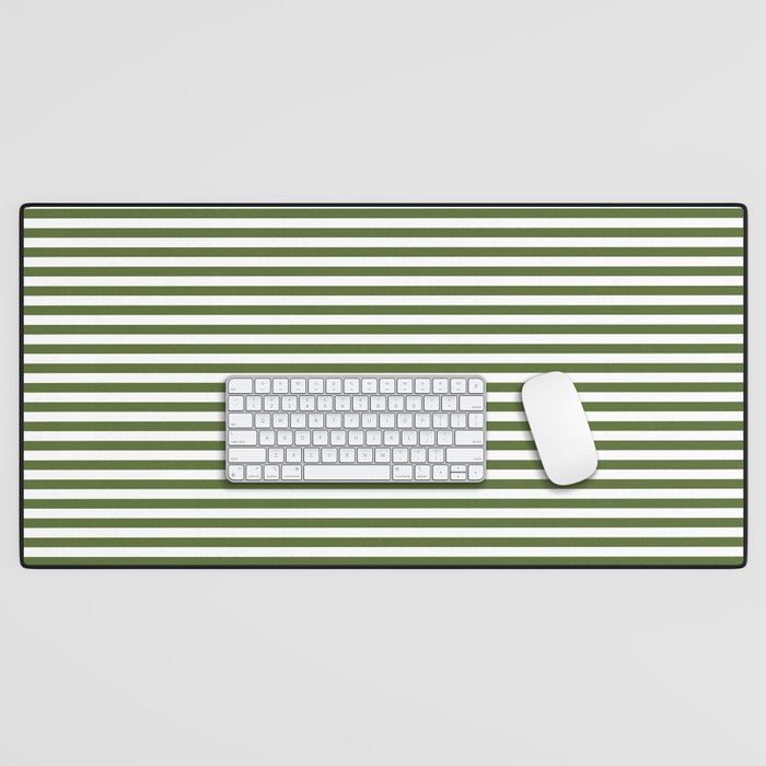 Dark Olive Green and White Horizontal Stripe Pattern for Elegant Interior Accents Desk Mat Gallery Image 1