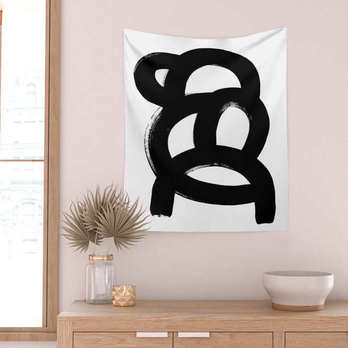 Black & White Minimalist Abstract Mid century Ink Art Dark Brush Strokes Wall Tapestry Gallery Image 2